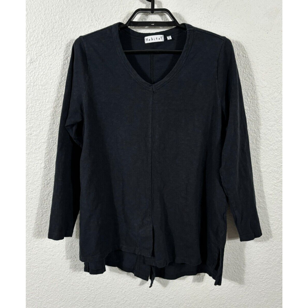 Habitat Top Womens Small Black Long Sleeve Lagenlook Solid Cotton Shirt